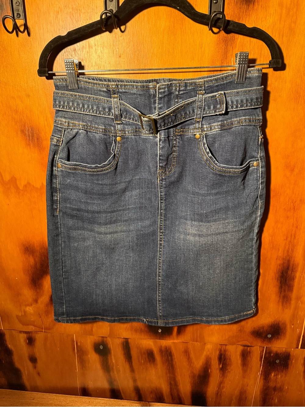 one 5 one Dark Blue Denim Pencil Skirt with Belt Detail